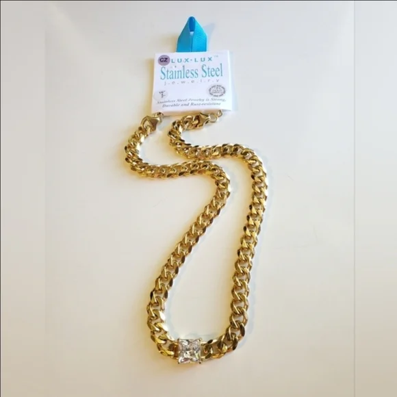 Cuban Chain Link Stainless Steel Necklace with Square CZ Pendant - Picture 2 of 3